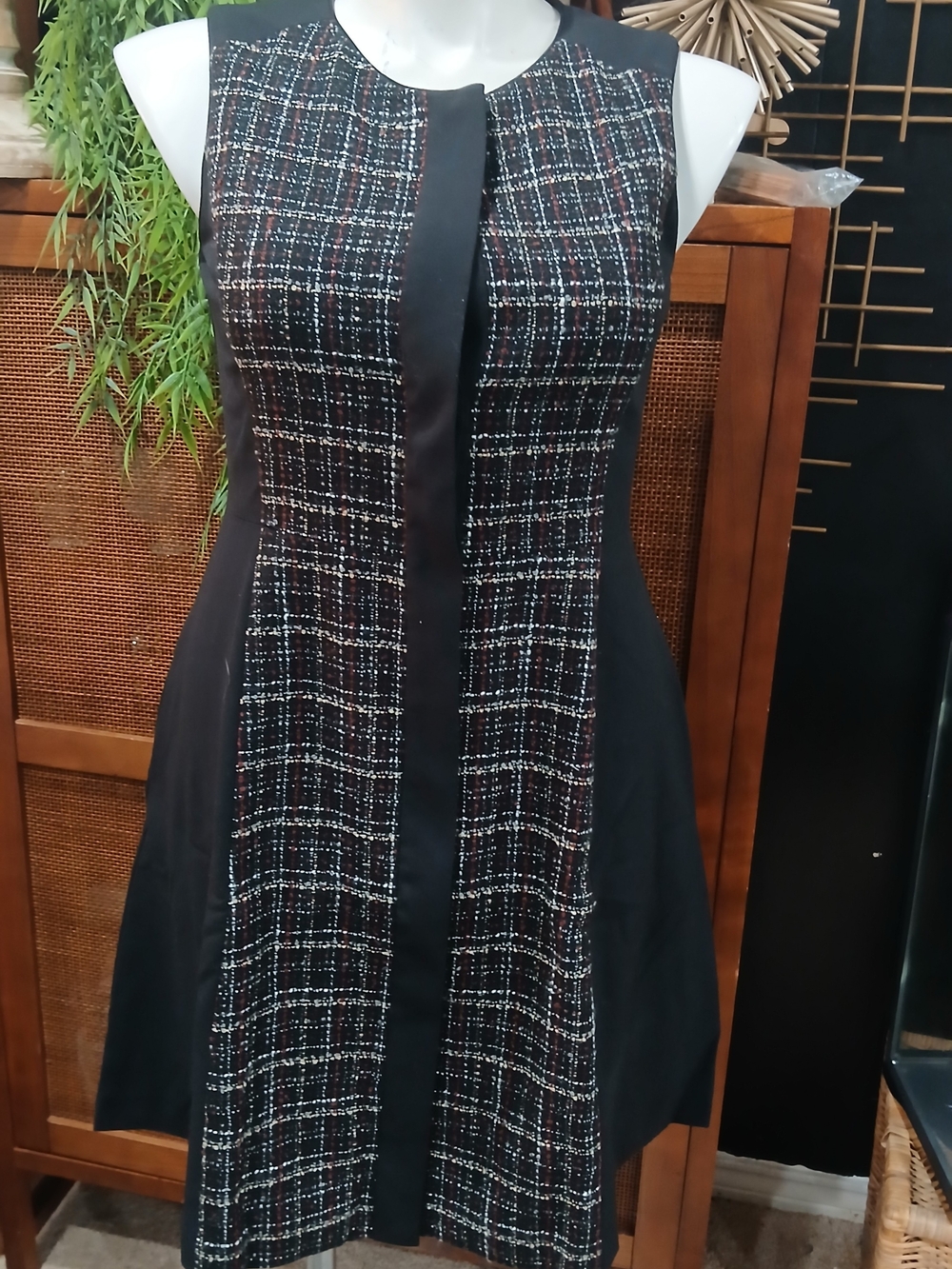 Vince Camuto Black Tweed-Panel Sleeveless A-Line Dress